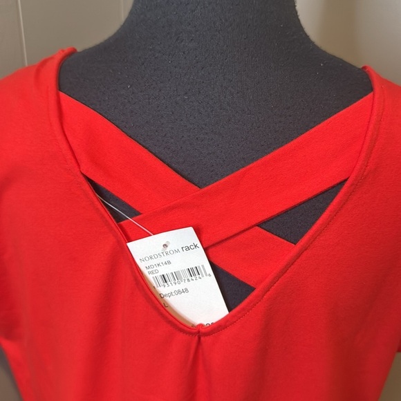 Bobeau bright red stretch dolman short sleeve X back crew neckline midi. NWT. L - Picture 4 of 4